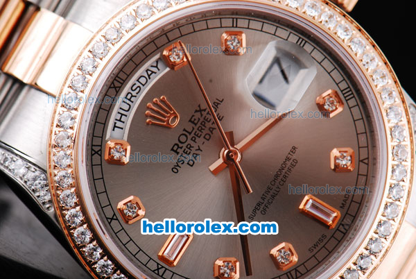 Rolex Day-Date Oyster Perpetual Swiss ETA Case Two Tone with Diamond Bezel,Grey Dial and Diamond Marking - Click Image to Close